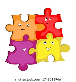 Group of multi-colored puzzles with smiling faces, game, symbol of friendship. Vector illustration.

