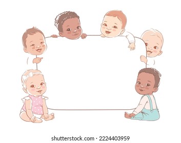 Group of multicultural baby boys and baby girls hold a blank board. Cute little children show a blank poster for text entry. Newborn baby with white banner. Vector illustration.  Kids Isolated