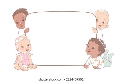 Group of multicultural baby boys and baby girls hold a blank board. Cute little babieson a white background show a blank poster for text entry. Banner. Vector illustration. Isolated