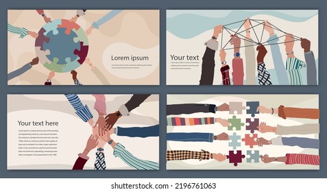 Group of multicultural business people holding a piece of jigsaw.Colleagues of diverse ethnic groups and cultures. Cooperate - collaborate. Teamwork concept. Banner - Template - Poster