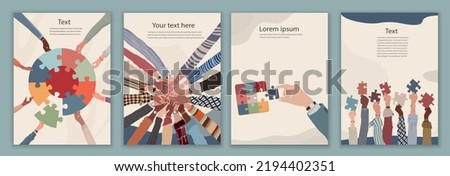 Group of multicultural business people holding a piece of jigsaw.Colleagues of diverse ethnic groups and cultures. Cooperate - collaborate. Concept of teamwork. Poster - template - cover