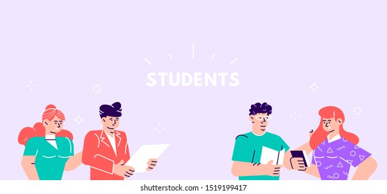 Group of multicultural characters students. Young girls and boys holding books and laptop. Happy teenager in casual clothes. Youth lifestyle. Flat vector illustration isolated on white background. 
