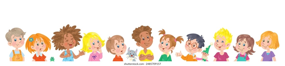 Grupo de niños multiculturales con diferentes emociones. Niños con diferentes colores de piel y cabello juntos. Anuncio en estilo de dibujos animados. Aislado sobre fondo blanco. Ilustración plana de Vector.