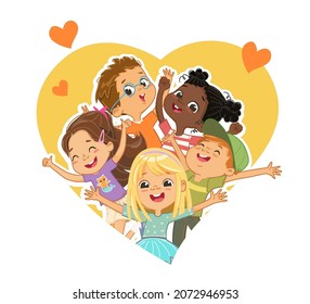 Group of multicultural children tear up the space in the shape of a heart. Children look through a hole in the shape of a heart and wave their hands. Funny cartoon character. Vector illustration.