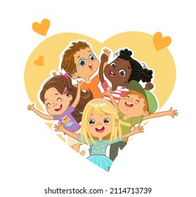 Group of multicultural children tear up the space in the shape of a heart. Children look through a hole in the shape of a heart and wave their hands. Funny cartoon character. Vector illustration.