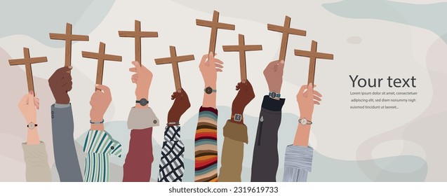 Group of multicultural christian people hands raised holding a wooden crucifix. Christian worship.Praying or singing. Concept of faith and hope in Jesus Christ. Copy space banners