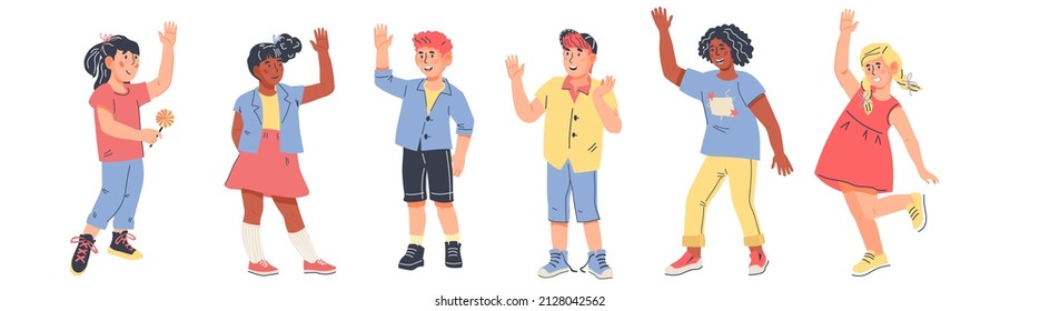 Group of multicultural diverse smiling children. Multiethnic boys and girls waving hands and say Hello, flat cartoon vector illustration isolated on white background.