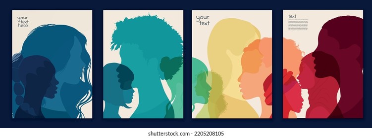 Group multicultural diversity women and girls face silhouette profile. Female social network community  diverse culture. Business woman. Set template poster. Rainbow colors. Empowerment