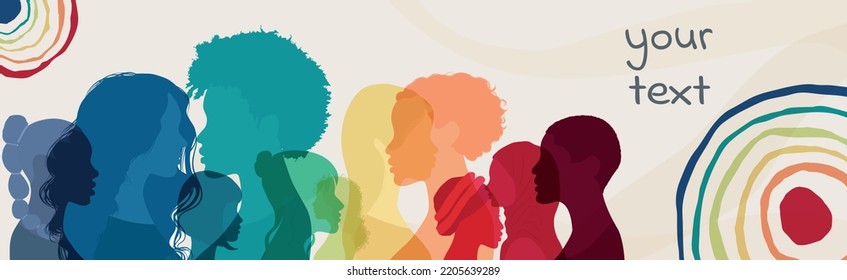 Group of multicultural diversity women and girls face silhouette profile. Female social network community of diverse culture. Business woman. Banner copy space. Rainbow colors. Equality