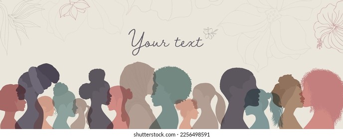 Group of multicultural diversity women and girls - face profile silhouette. Womens day. Female social community of diverse culture. Racial equality. Colleagues. Empowerment or inclusion