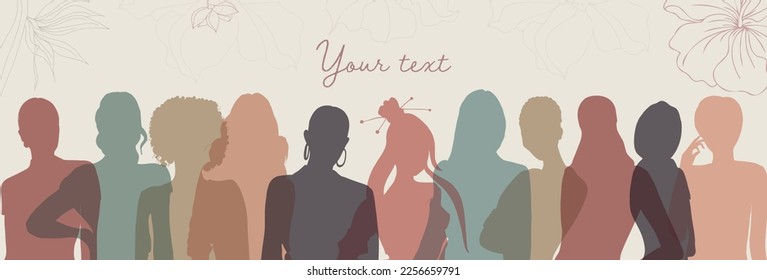 Group of multicultural diversity women and girls - face front view silhouette. Women’s day. Female social community of diverse culture. Racial equality. Colleagues. Empowerment or inclusion