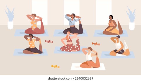 Group of multicultural females sitting on mat and training. Ladies doing stretching in gym. Morning yoga training concept. Flat vector illustration in cartoon style in brown colors