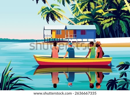 Group of multicultural fishermen on boat in caribbean sea with islands with beach houses and tropical vegetation and palm trees in background.  Trendy contemporary expressive vector illustration.