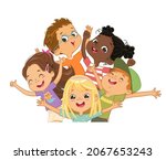 Group of multicultural happy children smile and wave their hands. Funny cartoon character. Vector illustration. Isolated on white background.