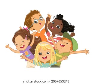 Group of multicultural happy children smile and wave their hands. Funny cartoon character. Vector illustration. Isolated on white background.