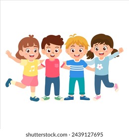 Group of multicultural happy children smile and wave their hands. Funny cartoon kids character. Flat vector illustration isolated on white background.