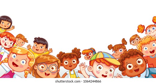 Grupo de niños multiculturales felices saludando a la cámara. Panorama infantil para tu diseño. Colocar el texto. Plantilla para folleto publicitario. Caricatura divertida. Ilustración del vector