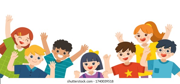 Group of Multicultural happy kids joyfully jumping and waving hands on white background. Cheerful elementary school students. Template for advertising brochure.