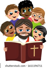 Group of multicultural happy kids surrounding jesus christ reading holy bible book isolated on white