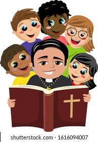 Group of multicultural happy kids surrounding christian priest reading holy bible book isolated on white