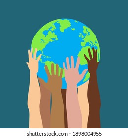 Group Of Multicultural Human Hands Holding And Taking Care Of Earth Planet Isolated Vector