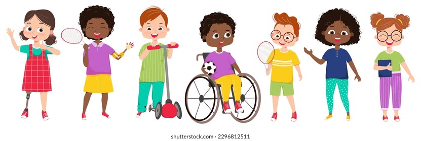 A group of multicultural kids are playing to each other. Children greet a physically challenged, handicapped kids.The concept of inclusive education at school.Cartoon vector
