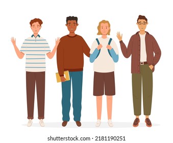 Group of multicultural male students flat vector illustration. Young boys holding books and backpacks. Isolated characters on white background. Happy teenager in casual clothes. Youth lifestyle