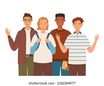 Group of multicultural male students flat vector illustration. Young boys holding books and backpacks. Isolated characters on white background. Happy teenager in casual clothes. Youth lifestyle. Inter