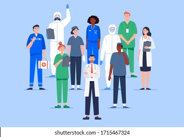 Group of multicultural medicine workers. Medical specialists standing together: doctor, surgeon, physician, paramedic, nurse, and other staff. Flat vector characters.