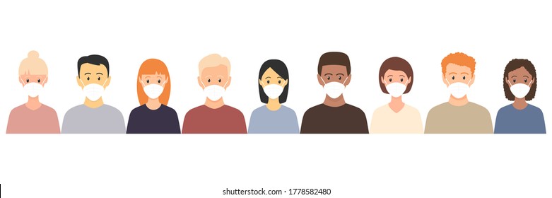 Group of multicultural men and women wearing medical masks. Disease, flu, contaminated air, world pollution, pandemic concept set. Vector illustration in a flat style isolated on white