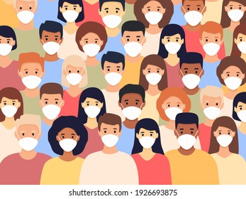 Group Of Multicultural Men And Women Wearing Medical Masks. Coronavirus Pandemic. Pandemic Concept. Crowd People In Protective Face Mask. Vector Illustration In A Flat Style.