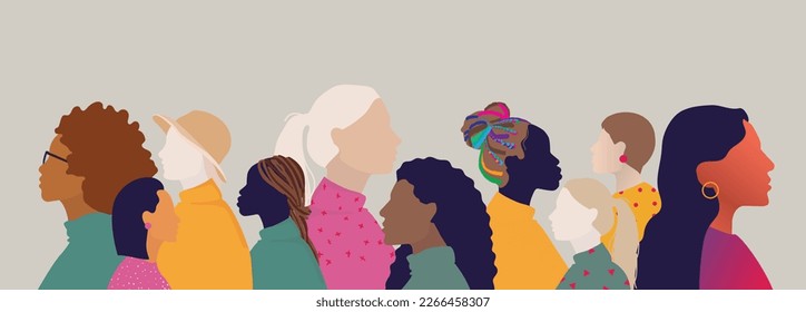 group of multicultural and multiethnic woman face silhouette in profile. Concept of racial equality, friendship and woman community