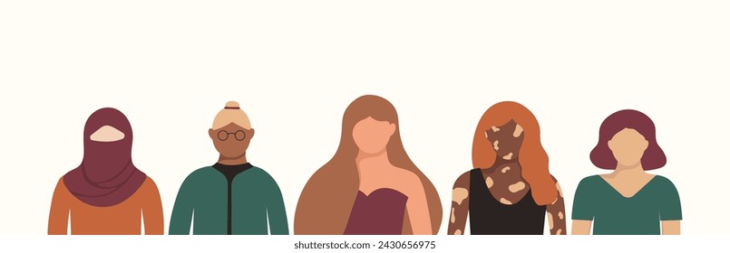 Group of multicultural and multiethnic women banner with copy space. Concept of racial equality anti-racism and woman gives voice. Feminism and sisterhood with diversity girls in faceless style.