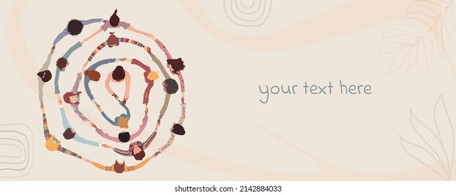 Group Of Multicultural And Multiethnic Women And Girls In A Circle Holding Hands. Top View. Female Social Community. Racial Equality. Allyship. Empowerment. Poster - Banner. Copy Space