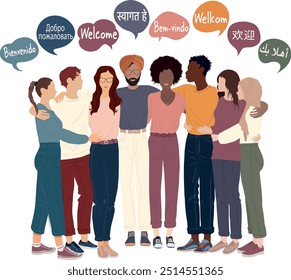 A group of multicultural people embracing from different continents with speech bubbles containing the text -Welcome- in various international languages.Communication.Community.Diversity