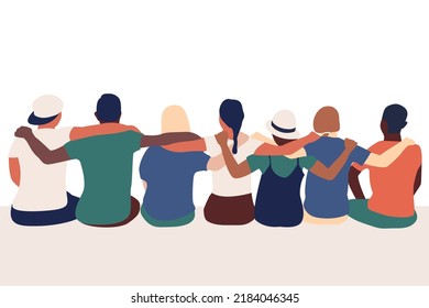 Group of multicultural people. Friends hugging and embracing each other. Unity, equality concept.