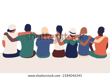 Group of multicultural people. Friends hugging and embracing each other. Unity, equality concept.