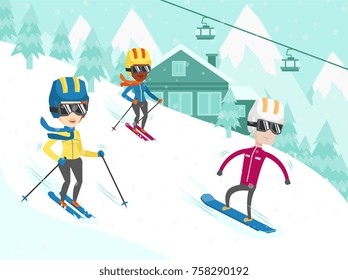 Group of multicultural people have fun while skiing and snowboarding on the slope. Young african-american and caucasian tourists at ski and snowboard winter resort. Vector cartoon illustration.