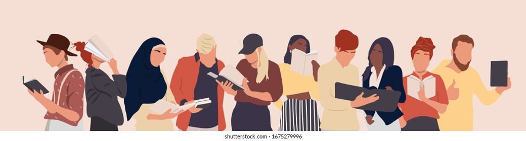 Group of multicultural people holding books. Young boy and young girls character. Happy teenager in casual clothes. Youth lifestyle. Quarantine activities. Vector illustration in a flat style.