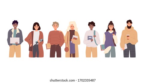 Group of multicultural people holding books. Boy and young girls character. Happy teenager in casual clothes. Youth lifestyle. Vector illustration in a flat style.
