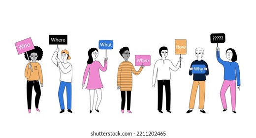 A group of multicultural people holding posters with short questions Who, What, Where, When, Why, How. Vector illustration for banners. 