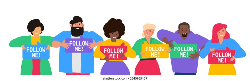 group of multicultural people holding signs follow me social media concept