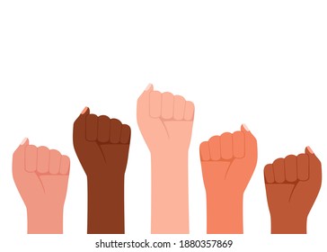 Group multicultural people raised fist, sign protest. Strength, strong woman power, justice and unity concept. Vector illustration