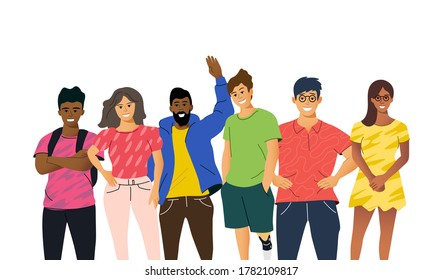 A group of multicultural people. Young team of students or creative business work colleagues. People vector illustration.