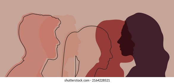 Group of multicultural side silhouette person expressing confidence. Group of confident multiethnic men and women people. Trust and partnership concept. Success and goals in business.