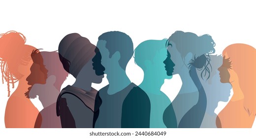 Group Multicultural silhouette people side-view. Community of colleagues or collaborators. Bargain agreement or pact concept. Co-workers. Harmony. Diversity equality inclusion. Banner