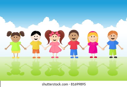 Group of Multicultural Smiling Kids Holding Hands.