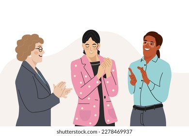 Group of multicultural smiling People Office workers standing Applauding to their project manager. Promotion, demonstration and admiration concept. Happy People Applaud celebrate good deal. Vector.