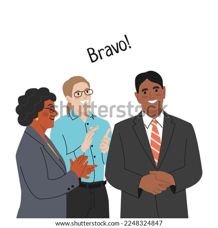 Group of multicultural smiling People Office workers standing Applauding to their project manager. Promotion, demonstration and admiration concept. Happy People Applaud celebrate good deal.