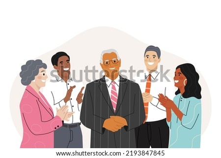 Group of multicultural smiling positive People Office workers standing Applauding to their project manager. Promotion, demonstration and admiration concept. Happy People Applaud celebrate good deal. 